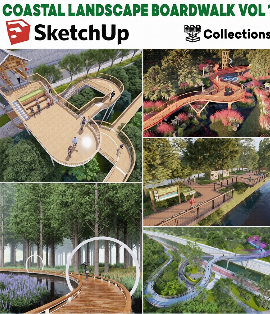 coastal boardwalk sketchup model, beach boardwalk sketchup model, seaside walkway sketchup, wooden coastal walkway sketchup model, boardwalk sketchup, beach boardwalk, coastal landscape, waterfront landscape,