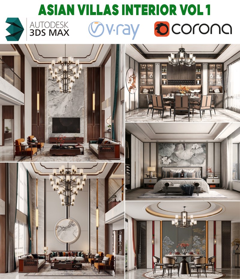 luxury asian villa interior modern double height living room 3d